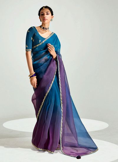 Wedding Wear Tissue Silk Purple And Peacock Blue Sequins Embroidery Handwork Saree