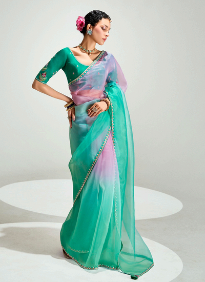 Tissue Silk Aqua Green And Pink Wedding Wear Sequins Embroidery Handwork Saree