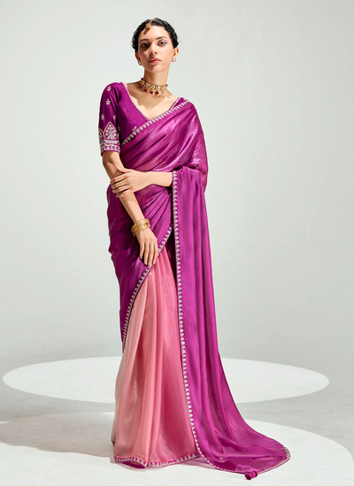 Magenta And Peach Tissue Silk Bridesmaid Sequins Embroidery Handwork Saree