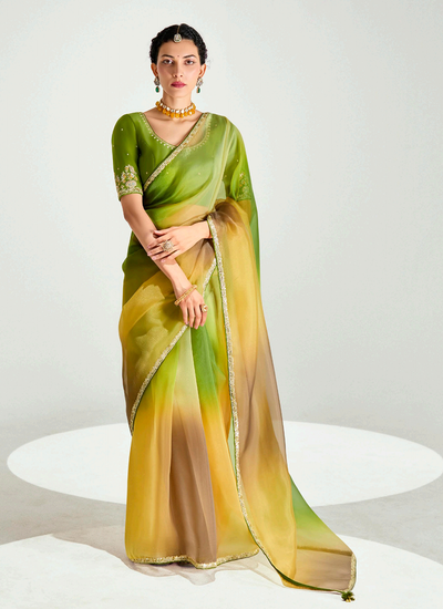 Wedding Wear Green And Yellow Tissue Silk Sequins Embroidery Handwork Saree