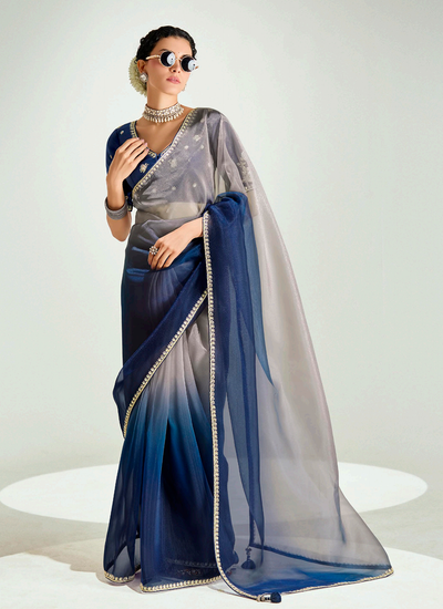 Blue And Beige Sequins Embroidery Handwork Tissue Silk Bollywood Saree