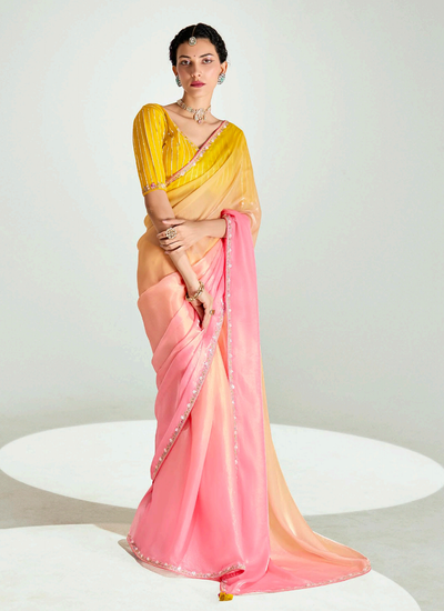 Sequins Embroidery Handwork Yellow And Peach Tissue Silk Engagement Wear Saree
