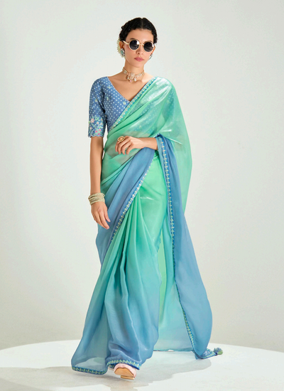 Bridesmaid Sequins Embroidery Handwork Baby Blue And Aqua Green Tissue Silk Saree