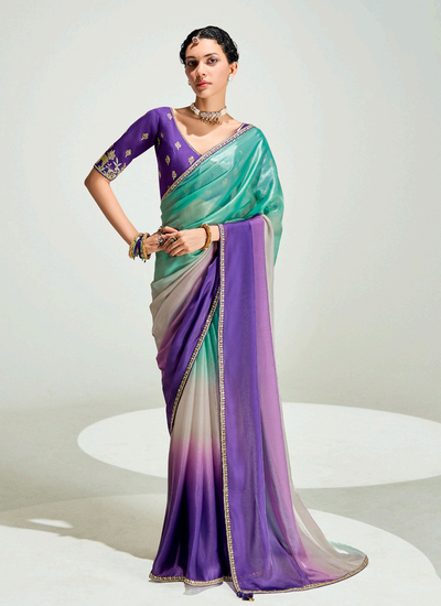 Violet And Aqua Green Wedding Wear Sequins Embroidery Handwork Tissue Silk Saree