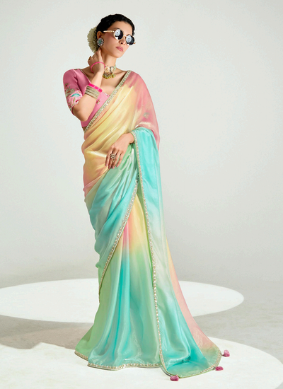 Pink And Turquoise Sequins Embroidery Handwork Engagement Wear Tissue Silk Saree