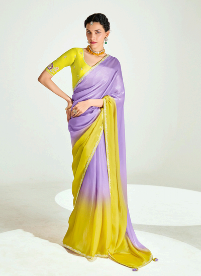 Tissue Silk Yellow And Purple Sequins Embroidery Handwork Bridesmaid Saree