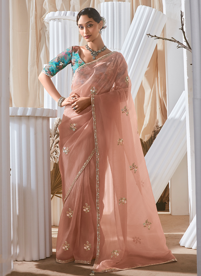 Peach Partywear Sequins Embroidered Organza Tissue Silk Saree