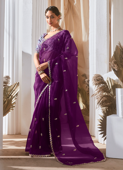 Reception Wear Purple Sequins Embroidered Organza Tissue Silk Saree