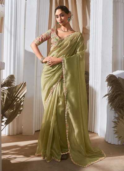 Tissue Silk Bridesmaid Pista Green Sequins Embroidered Organza Saree