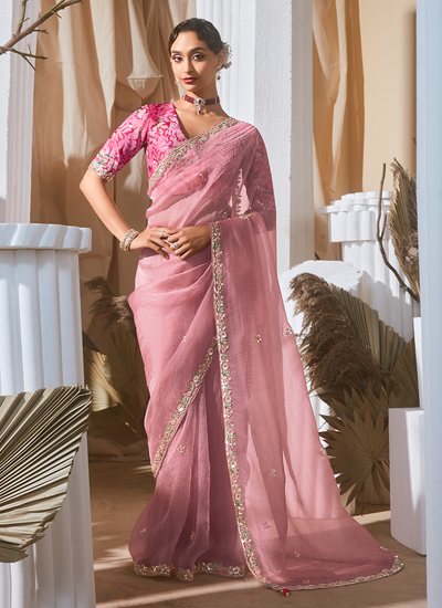 Tissue Silk Sequins Embroidered Pink Organza Party Wear Saree