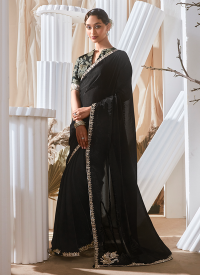 Black Tissue Silk Sequins Embroidered Organza Party Wear Saree