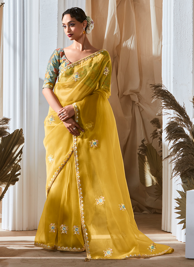 Yellow Sequins Embroidered Organza Tissue Silk Festive Wear Saree