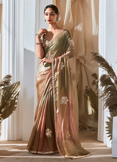 Reception Wear Beige Ombré Sequins Embroidered Organza Tissue Silk Saree