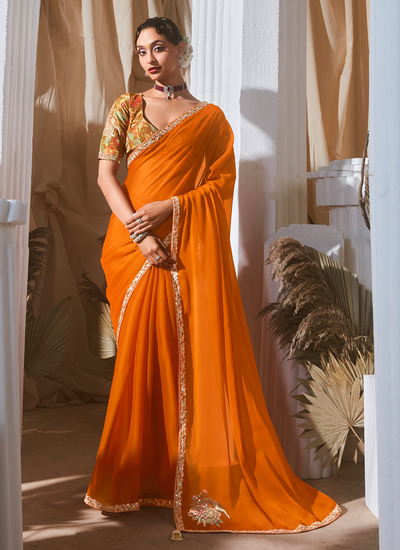 Organza Tissue Silk Reception Wear Orange Sequins Embroidered Saree