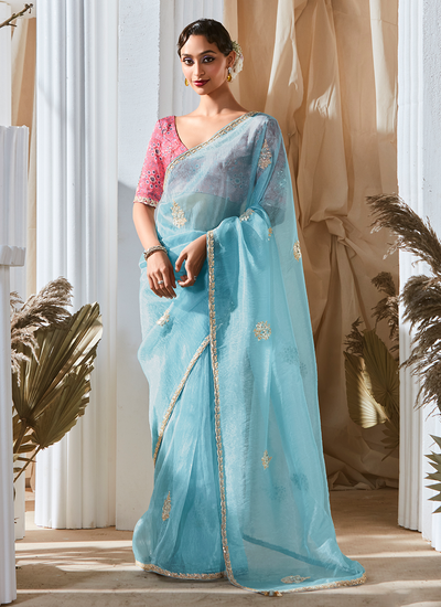 Sky Blue Organza Tissue Silk Bollywood Party Wear Sequins Embroidered Saree