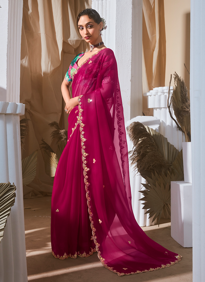 Magenta Party Wear Organza Tissue Silk Sequins Embroidered Saree