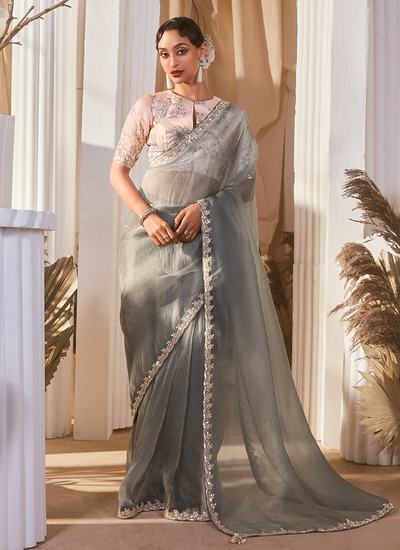 Organza Tissue Silk Gray Festive Wear Sequins Embroidered Saree