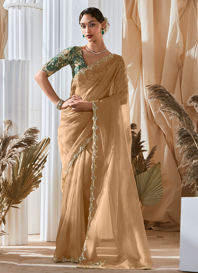 Beige Organza Tissue Silk Sequins Embroidered Festive Wear Saree