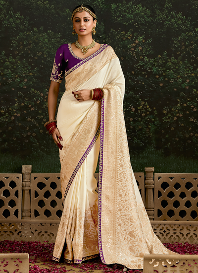 Zari Woven Wedding Wear Ivory Dola Silk Sequins Embroidered Border Saree