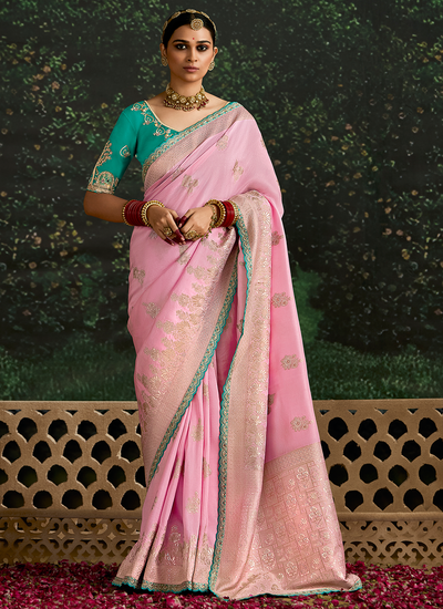 Pink Zari Woven Reception Wear Dola Silk Sequins Embroidered Border Saree