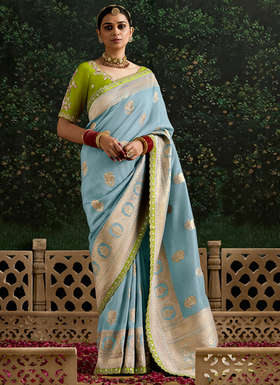 Reception Wear Zari Woven Powder Blue Dola Silk Sequins Embroidered Border Rich Pallu Saree