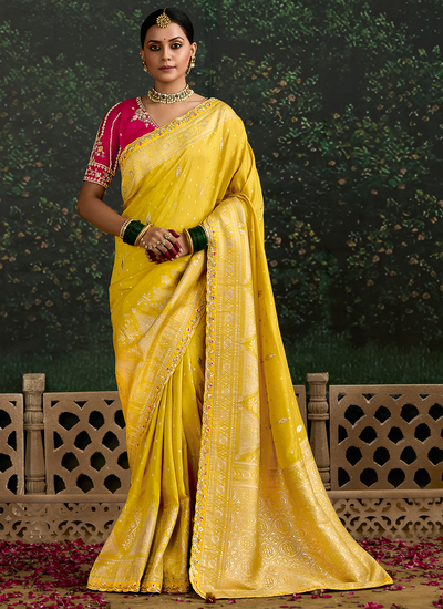 Yellow Haldi Wear Dola Silk Zari Woven Sequins Embroidered Border Rich Pallu Saree