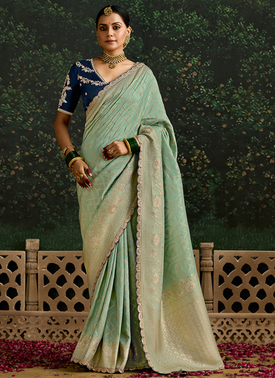 Dola Silk Zari Woven Sea Green Sequins Embroidered Border Rich Pallu Wedding Wear Saree