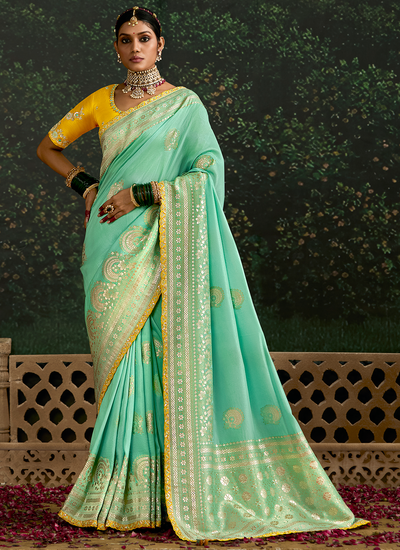 Sea Green Zari Woven Rich Pallu Sequins Embroidered Border Dola Silk Wedding Wear Saree