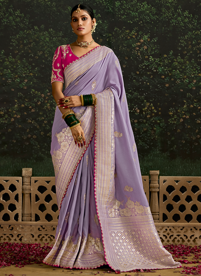 Lavender Dola Silk Zari Woven Sequins Embroidered Border Rich Pallu Reception Wear Saree