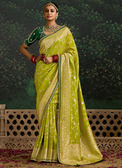 Mehendi Wear Zari Woven Parrot Green Dola Silk Sequins Embroidered Border Rich Pallu Saree