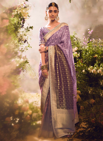 Silk Lavender Zari Woven Sequins Embroidered Reception Wear Saree