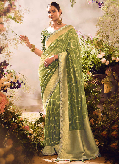 Silk Zari Woven Parrot Green Sequins Embroidered Mehendi Wear Saree