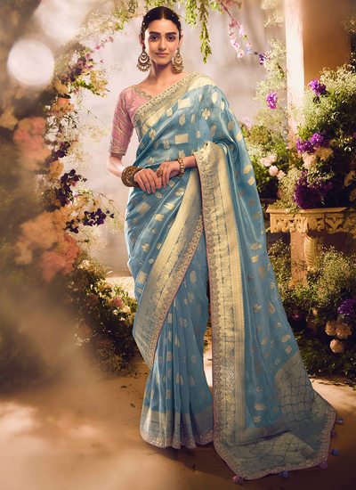 Sky Blue Zari Woven Silk Sequins Embroidered Wedding Wear Saree