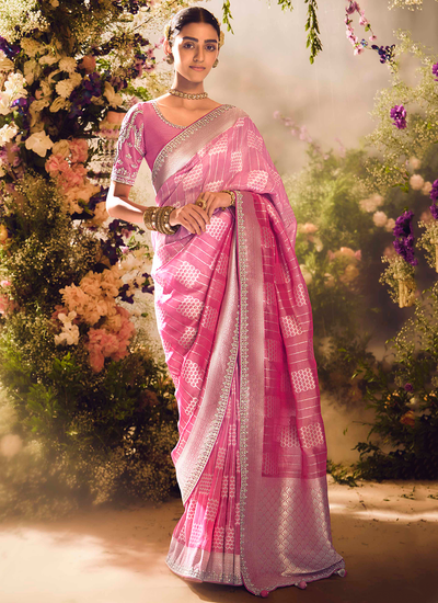 Wedding Wear Pink Zari Woven Silk Sequins Embroidered Saree