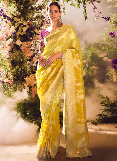 Reception Wear Silk Sequins Embroidered Zari Woven Saree In Yellow