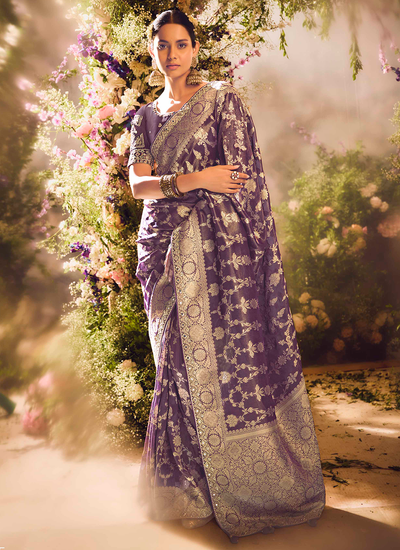 Faded Purple Silk Sequins Embroidered Reception Wear Zari Woven Saree