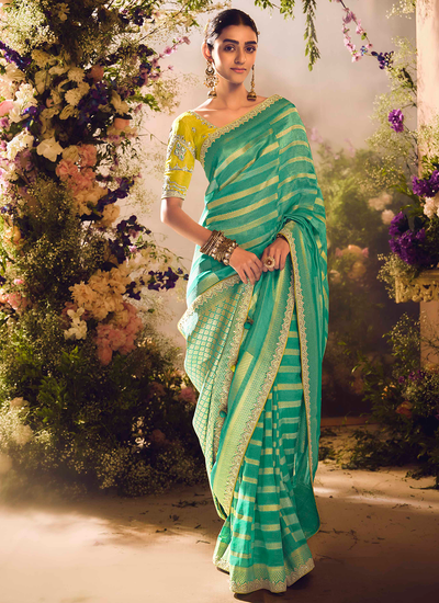 Sequins Embroidered Jungle Green Silk Mehendi Wear Zari Woven Saree