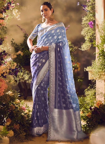 Purple Blue Zari Woven Sequins Embroidered Silk Wedding Wear Saree