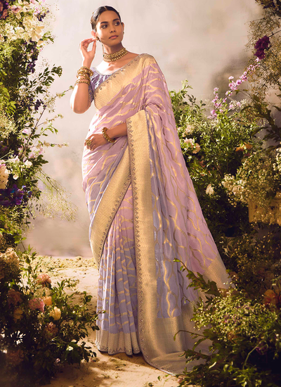 Zari Woven Silk Lavender Sequins Embroidered Reception Wear Saree