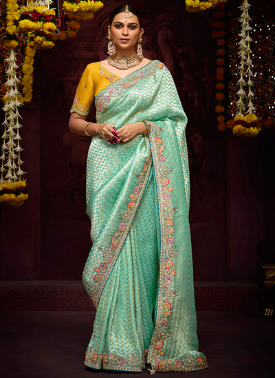 Sea Green Banarasi Kanjivaram Wedding Wear Zari Woven Sequins Embroidered Heavy Border Saree