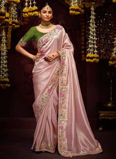 Wedding Wear Banarasi Kanjivaram Light Pink Zari Woven Sequins Embroidered Heavy Border Saree