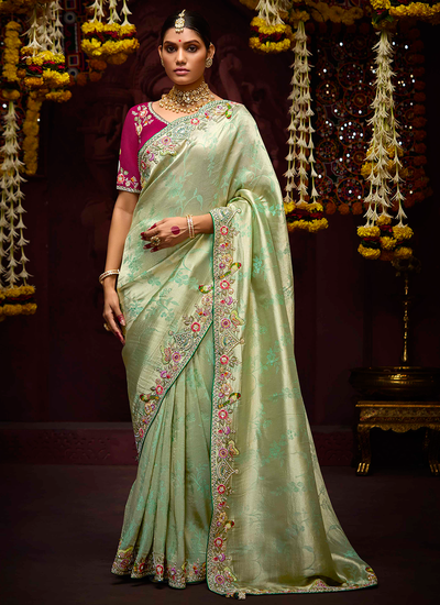 Zari Woven Pastel Green Wedding Wear Banarasi Kanjivaram Sequins Embroidered Heavy Border Saree