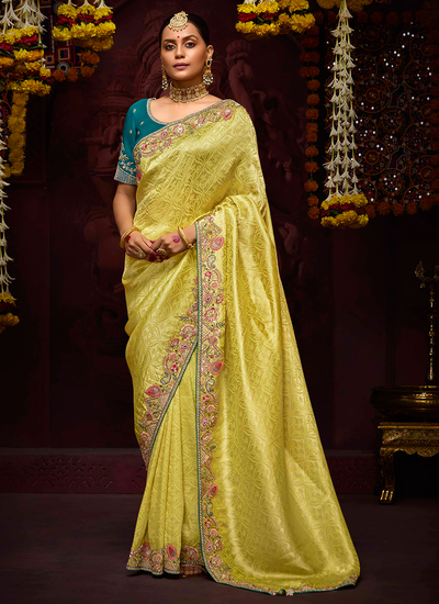 Yellow Banarasi Kanjivaram Wedding Wear Zari Woven Sequins Embroidered Heavy Border Saree