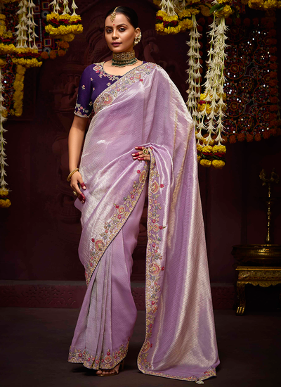 Zari Woven Banarasi Kanjivaram Wedding Wear Lavender Sequins Embroidered Heavy Border Saree