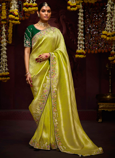 Pear Green Sequins Embroidered Heavy Border Zari Woven Banarasi Kanjivaram Mehendi Wear Saree