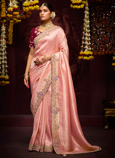 Sequins Embroidered Peach Heavy Border Zari Woven Banarasi Kanjivaram Reception Wear Saree