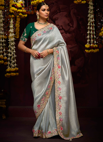 Dove Grey Sequins Embroidered Zari Woven Banarasi Kanjivaram Reception Wear Heavy Border Saree