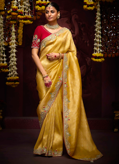 Wedding Wear Mustard Sequins Embroidered Zari Woven Banarasi Kanjivaram Heavy Border Saree