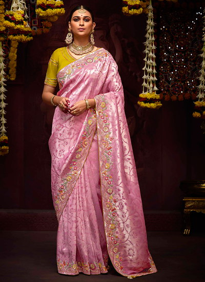 Heavy Border Reception Wear Pink Zari Woven Sequins Embroidered Banarasi Kanjivaram Saree