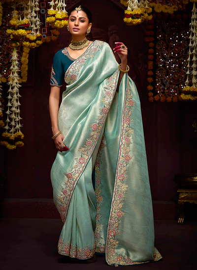 Banarasi Kanjivaram Heavy Border Pale Turquoise Reception Wear Zari Woven Sequins Embroidered Saree